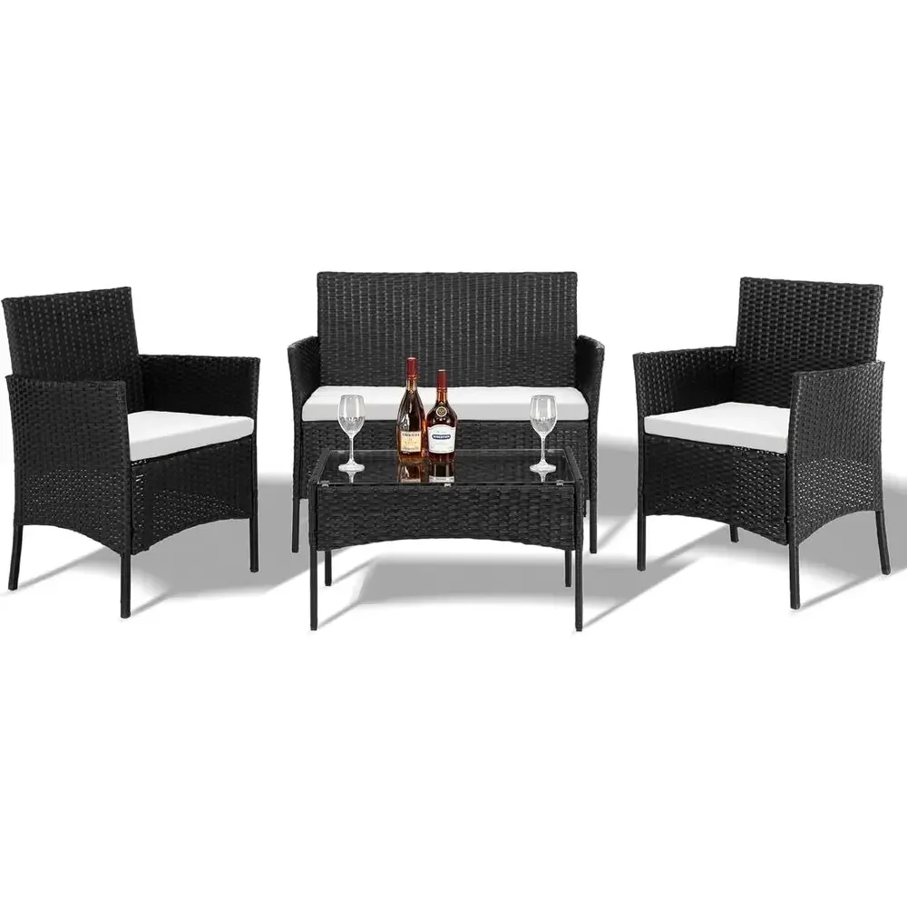Outdoor Furniture Loveseat - 4-delige tuinmeubelset: zwarte rotan loveseat met