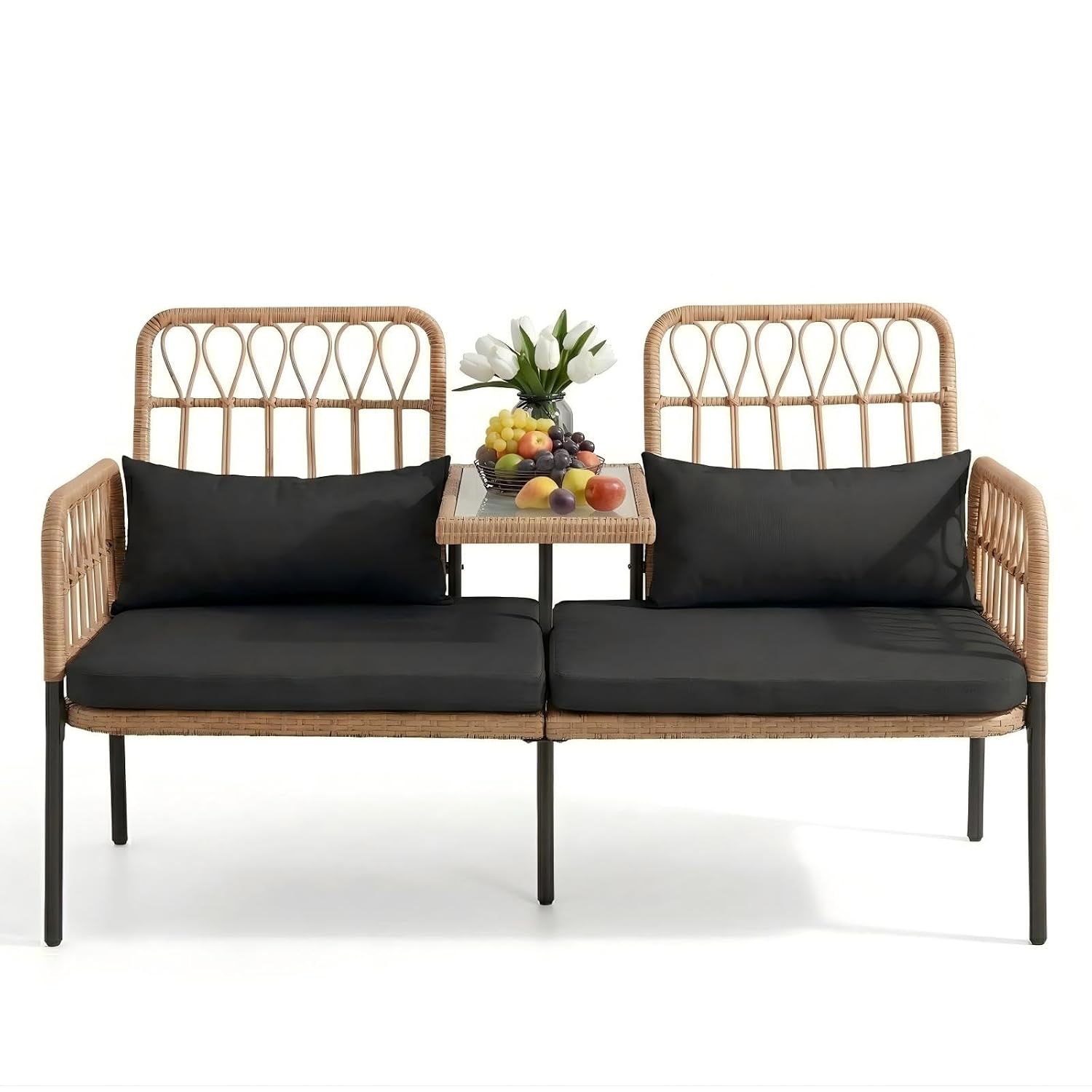 Outdoor Furniture Loveseat - Rotan loveseat met glazen tafel, 2-zits