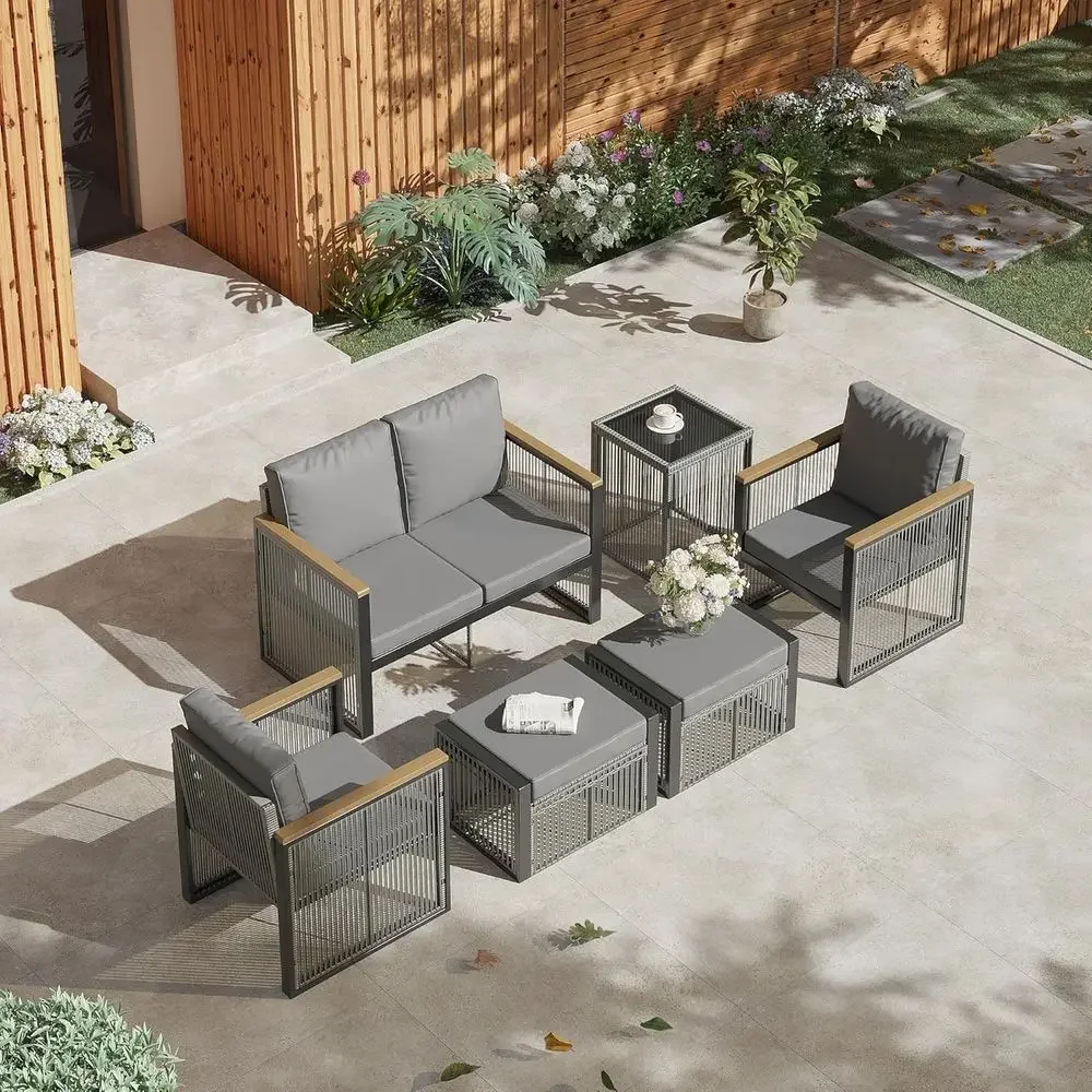 Outdoor Furniture Loveseat - 6-delige grijze tuinmeubelset met voetenbanken, salontafel
