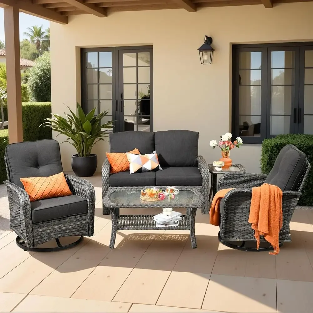 Outdoor Furniture Loveseat - 5-delige tuinmeubelset met draaibare schommelstoelen, loveseat,