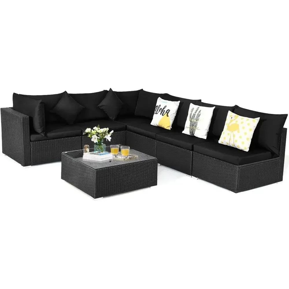 Outdoor Furniture Black - 6-persoons buitenmeubelset van wicker met salontafel